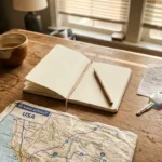 Carnet ouvert, carte USA, clés et café sur bureau bois