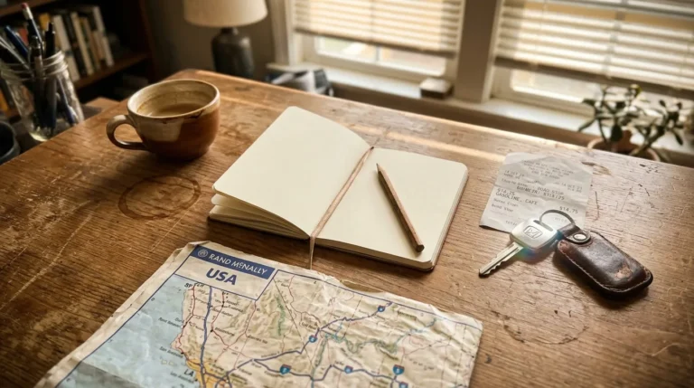 Carnet ouvert, carte USA, clés et café sur bureau bois