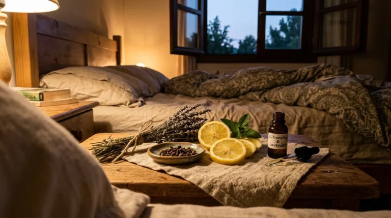 Chambre cosy avec huiles essentielles, lavande et citron sur table