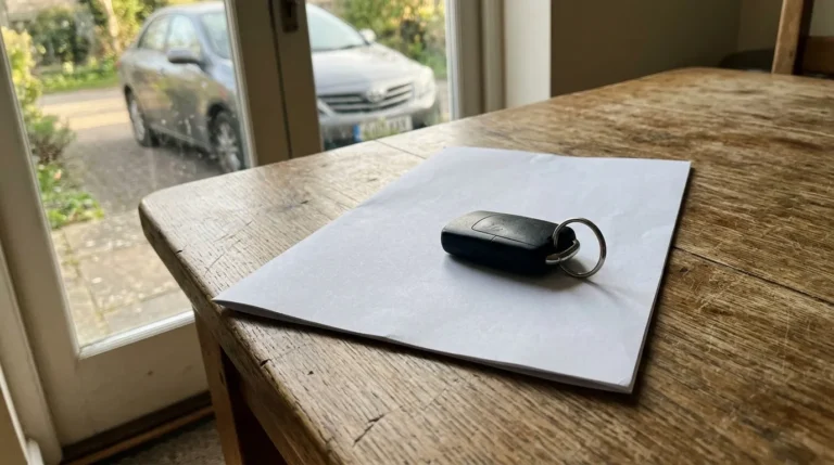 Clé automobile noire posée sur papier blanc, fenêtre en arrière-plan