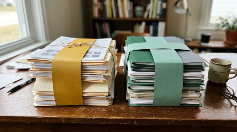 Deux piles de documents attachées avec rubans jaune et vert