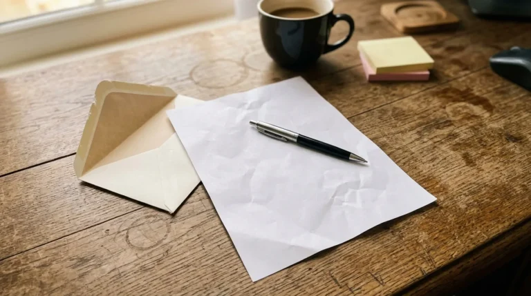 Bureau avec papier blanc, stylo, enveloppe et café