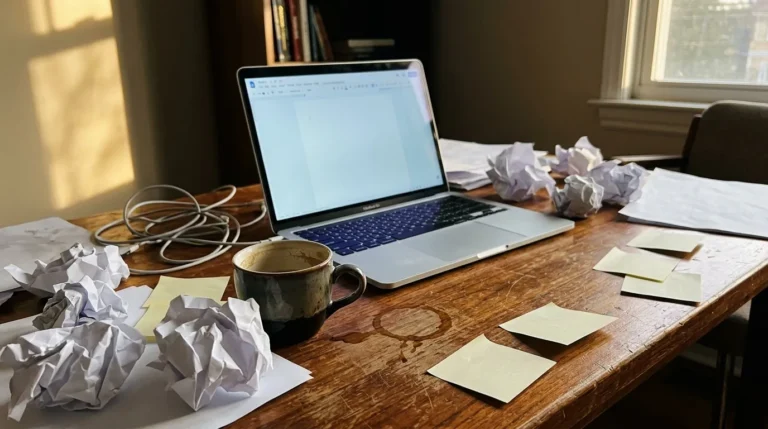 Bureau avec laptop, papiers froissés, café et post-its