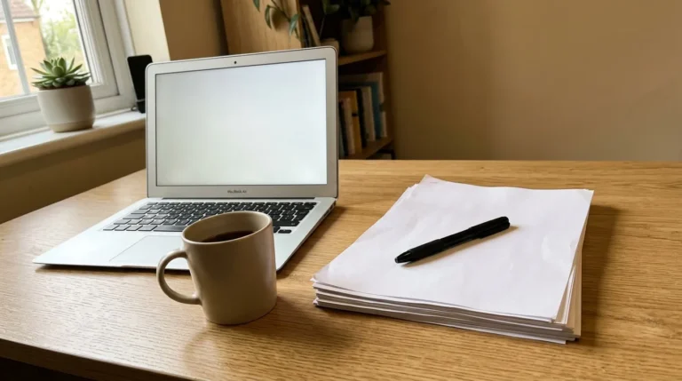 MacBook Air, mug café et documents sur bureau en bois