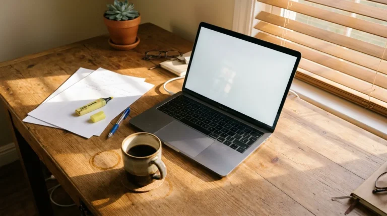 Laptop ouvert sur bureau en bois avec café et fournitures