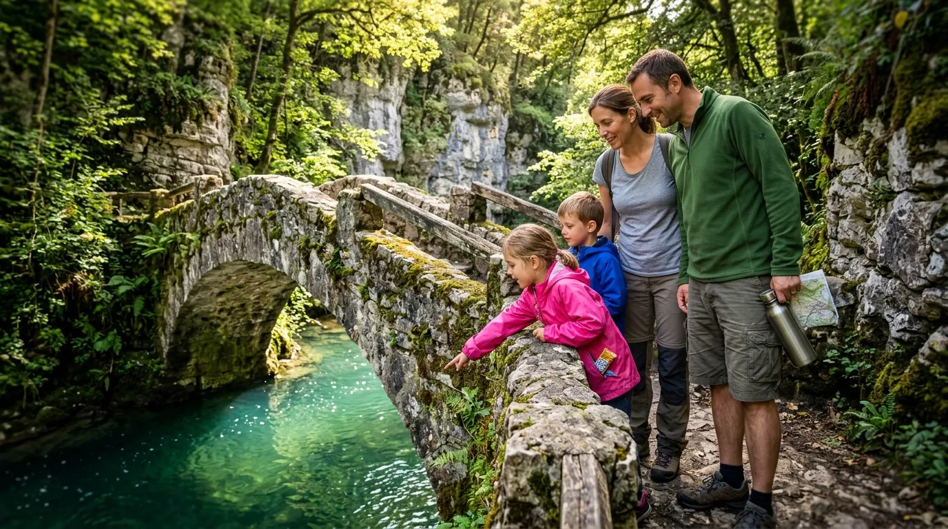 Famille randonnant près d'une rivière turquoise en gorge rocheuse
