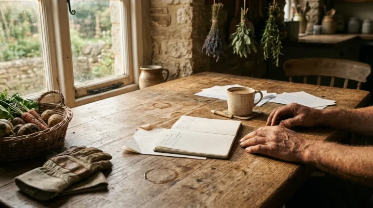 Homme écrivant à table rustique avec café et herbes séchées