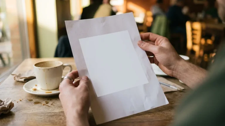 Mains tenant papier blanc vierge, café sur table