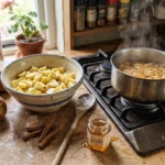 Cuisine avec pommes, miel local, cannelle et casseroles sur cuisinière