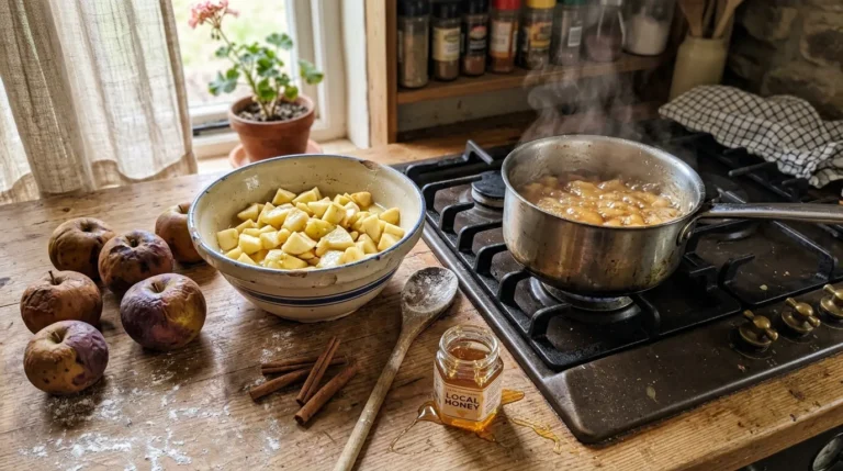 Cuisine avec pommes, miel local, cannelle et casseroles sur cuisinière