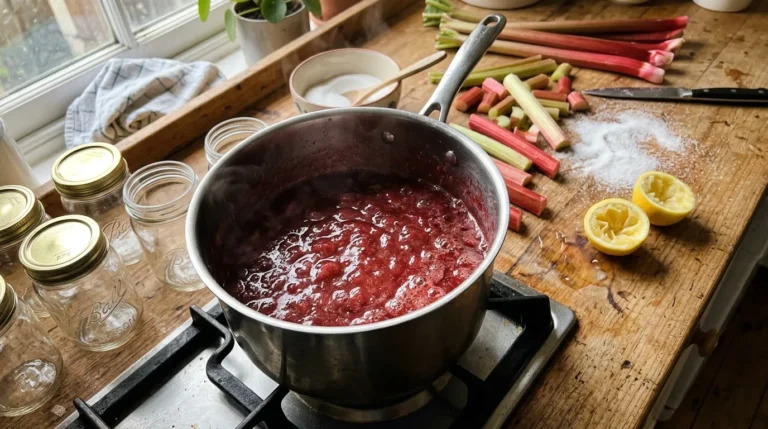 Pot de confiture rouge en cuisson avec rhubarbe et citron frais