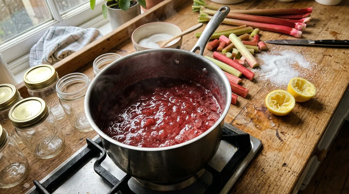Pot de confiture rouge en cuisson avec rhubarbe et citron frais