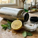 Citron, menthe, sel et bouteille métallique sur plan de travail