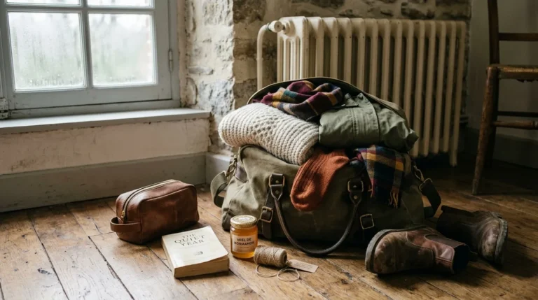 Sac de voyage avec vêtements, livres et accessoires vintage