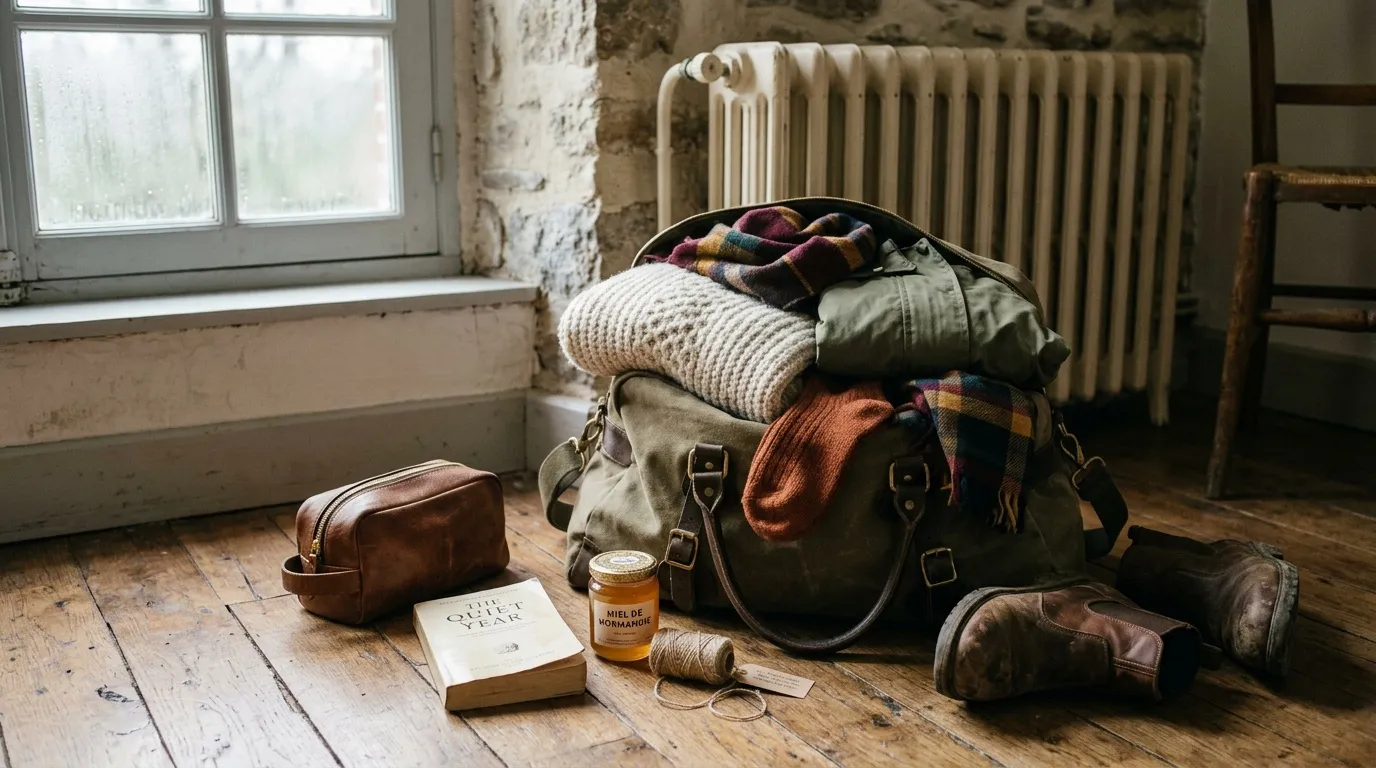 Sac de voyage avec vêtements, livres et accessoires vintage
