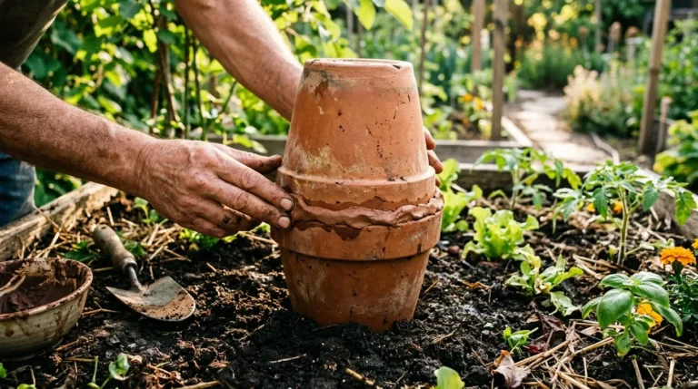 Jardinier plaçant pot en terre cuite sur plant de légume