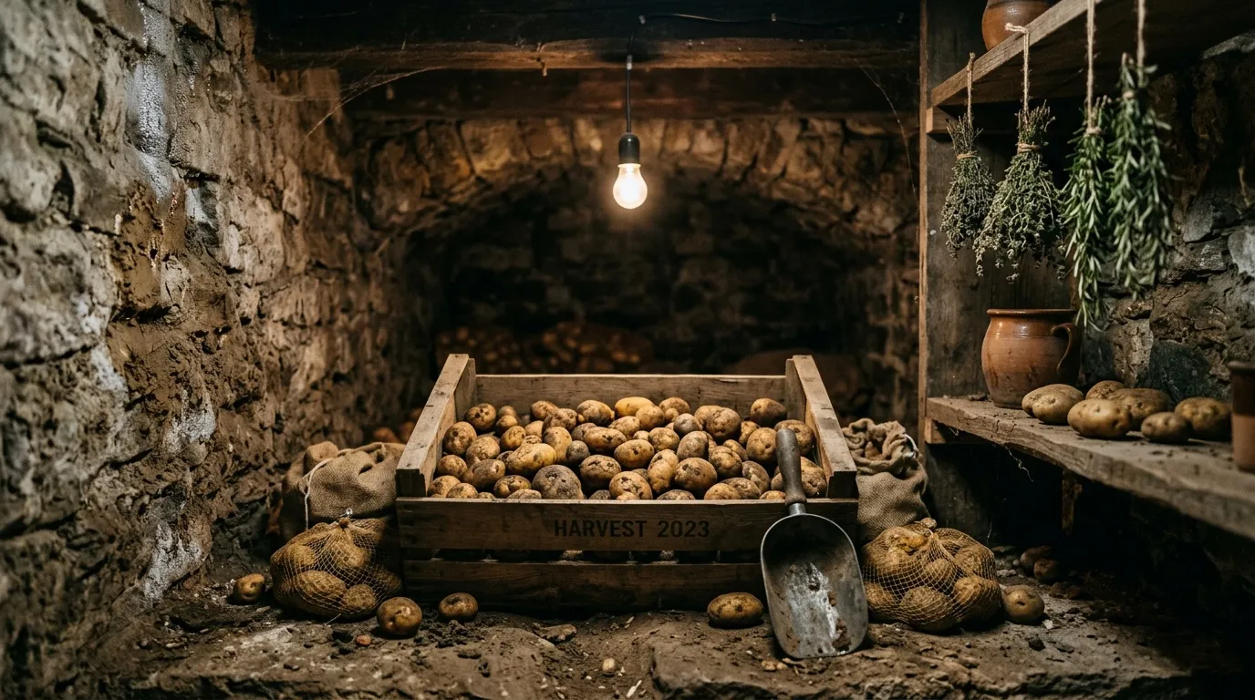 Cave rustique avec caisse de pommes de terre et herbes séchées