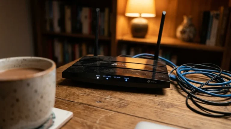 Routeur TP-Link Archer avec café sur bureau en bois