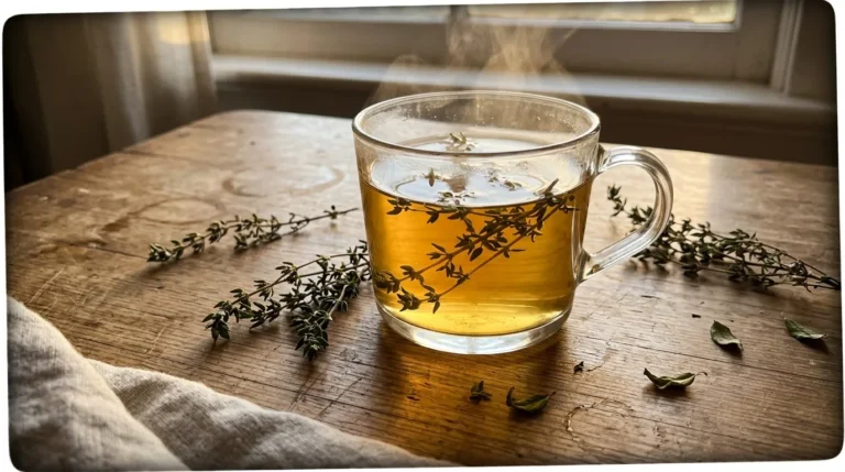 Tasse de thé aux herbes séchées sur table en bois naturel