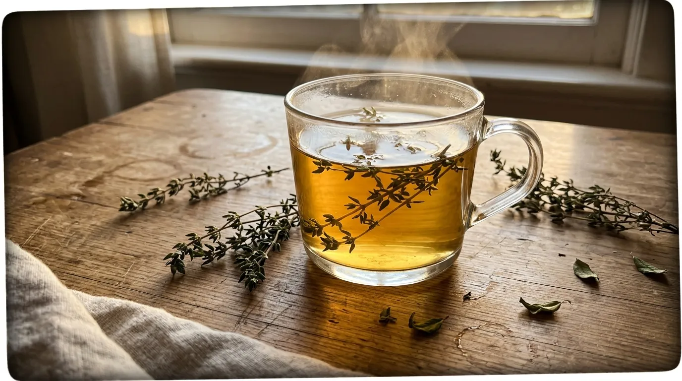 Tasse de thé aux herbes séchées sur table en bois naturel
